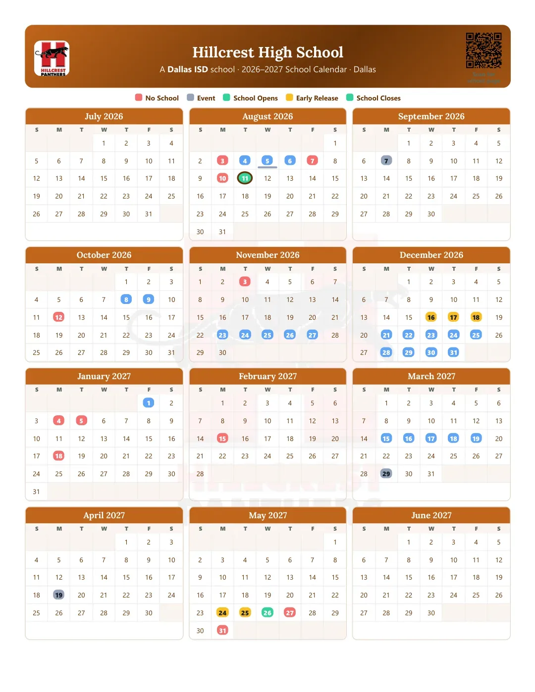 Hillcrest High School Calendar for the Year 26-27
