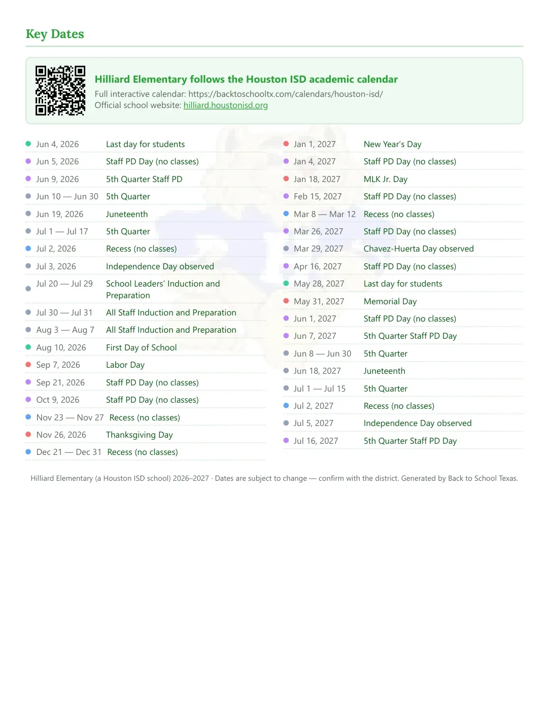 Hilliard Elementary Calendar for the Year 26-27 — key dates