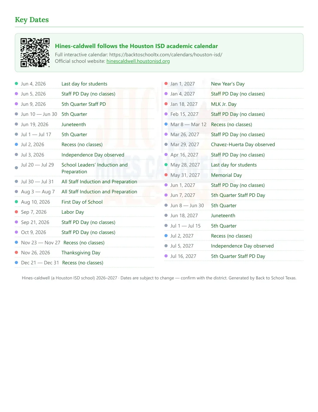 Hines-caldwell Calendar for the Year 26-27 — key dates