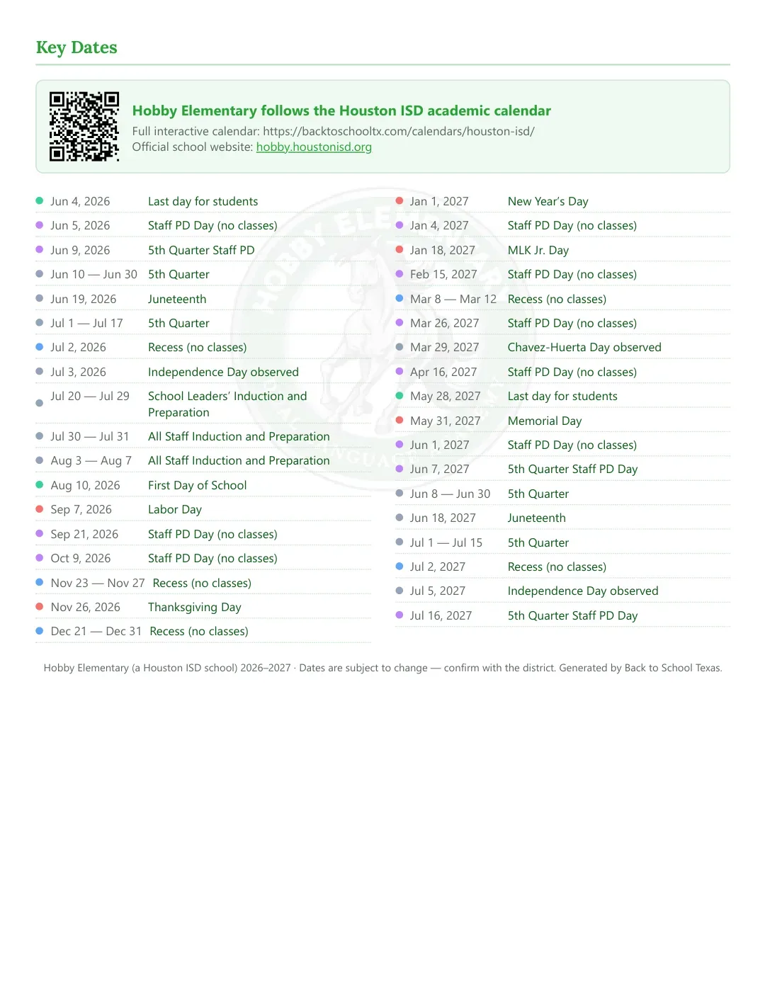 Hobby Elementary Calendar for the Year 26-27 — key dates