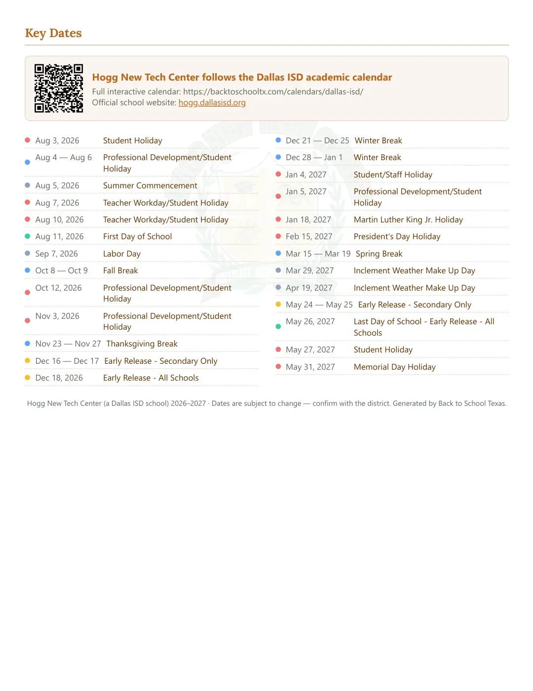 Hogg New Tech Center Calendar for the Year 26-27 — key dates