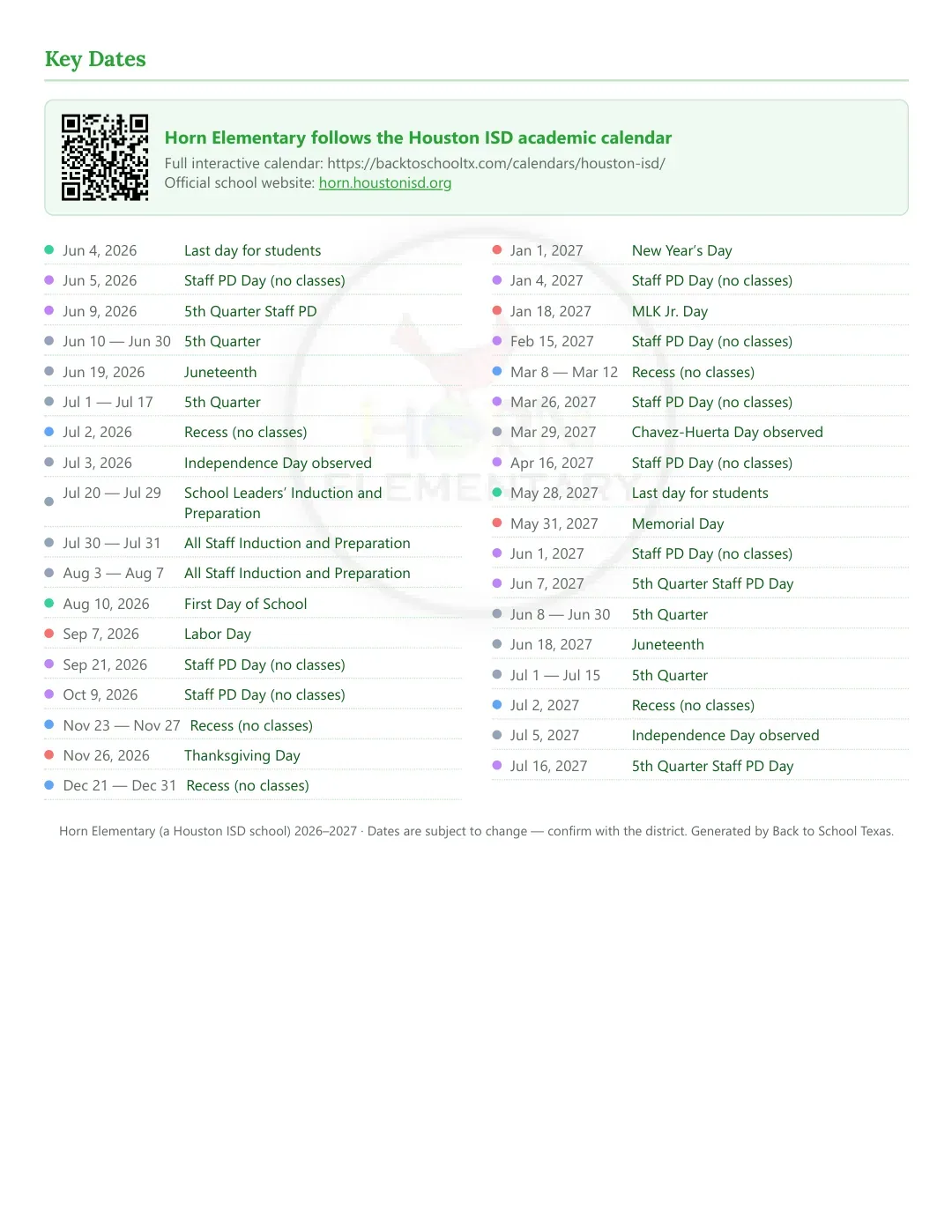 Horn Elementary Calendar for the Year 26-27 — key dates