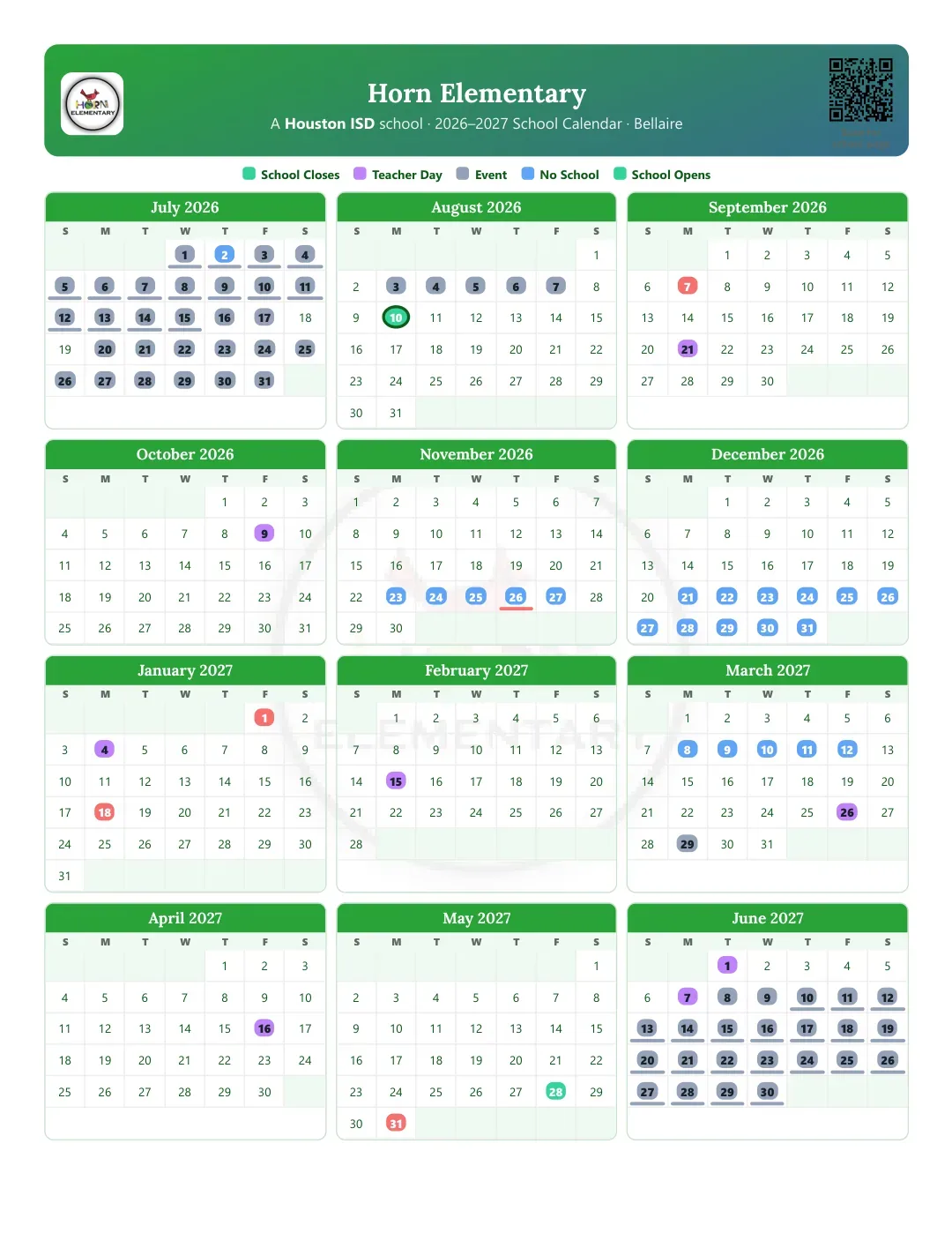 Horn Elementary Calendar for the Year 26-27