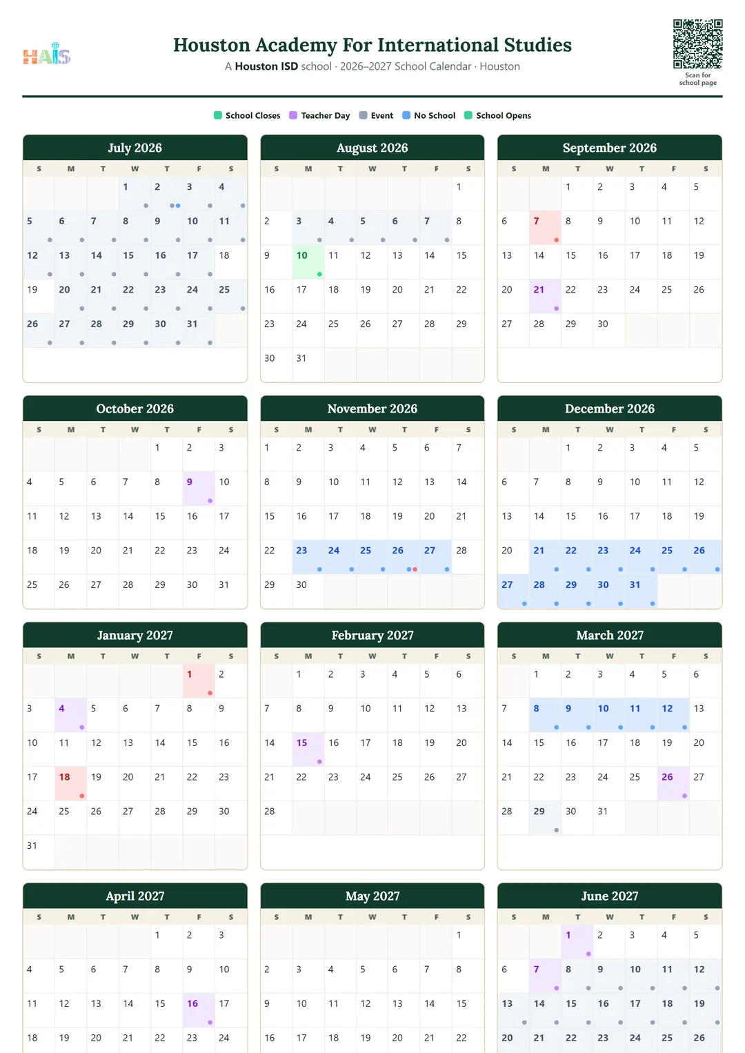 Houston Academy For International Studies printable 2026–2027 calendar