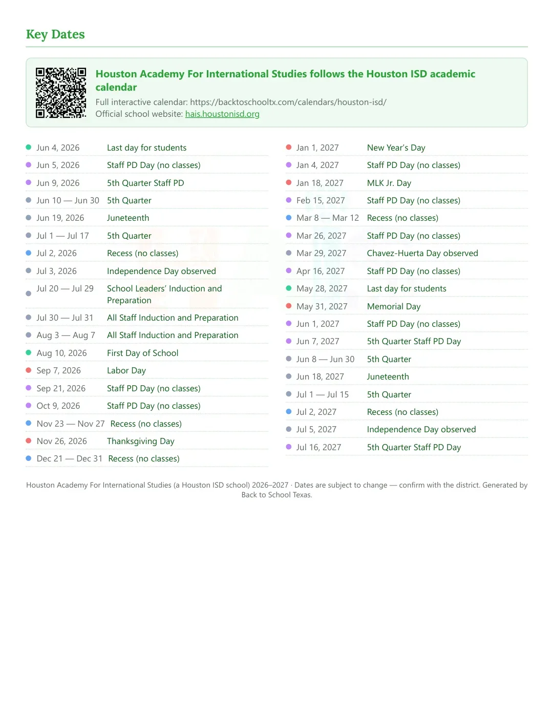 Houston Academy For International Studies Calendar for the Year 26-27 — key dates