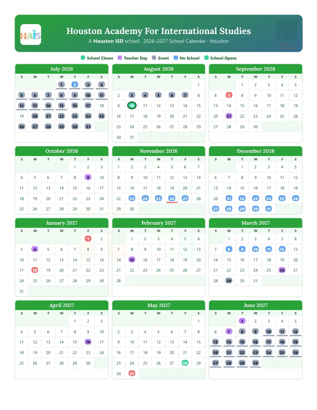 Houston Academy For International Studies Calendar for the Year 26-27