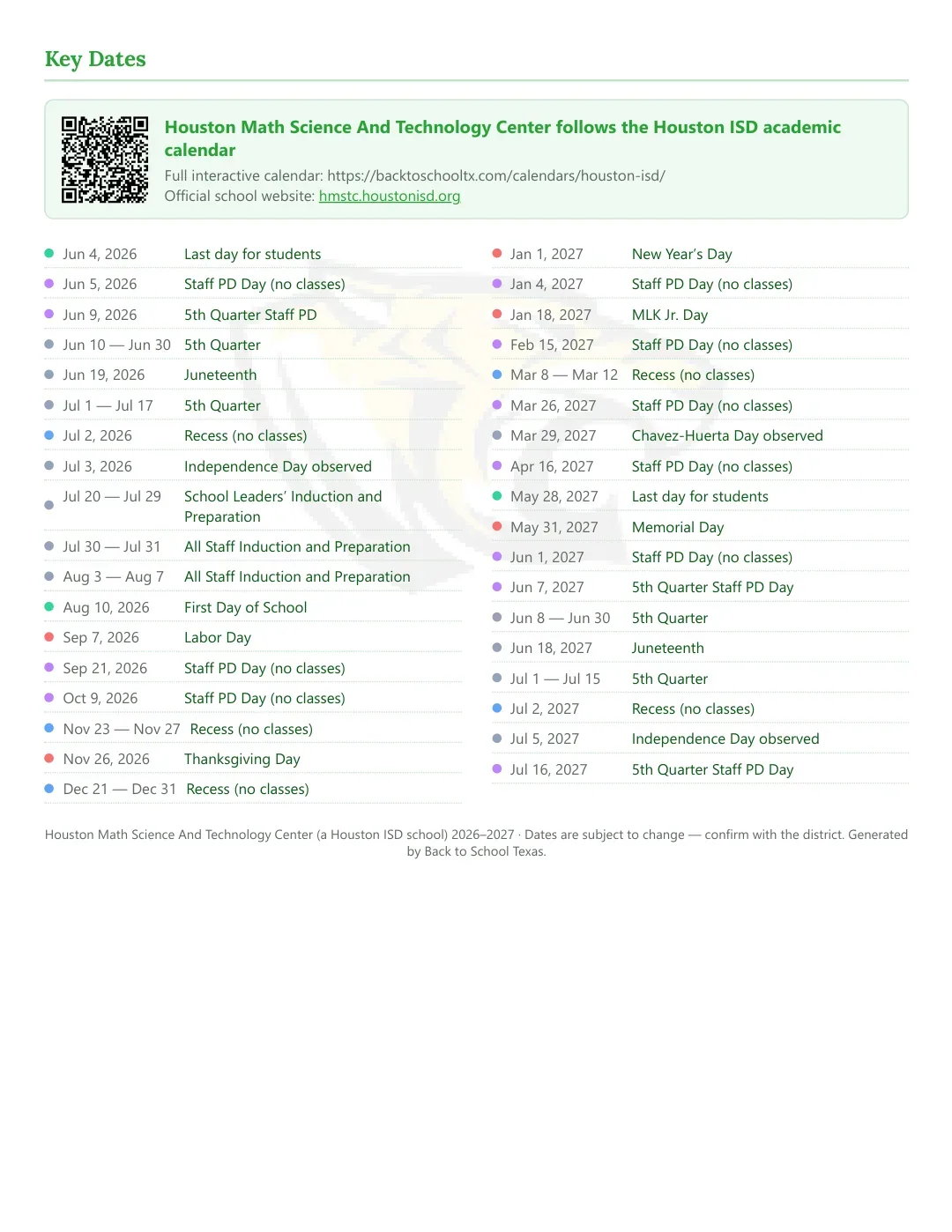 Houston Math Science And Technology Center Calendar for the Year 26-27 — key dates