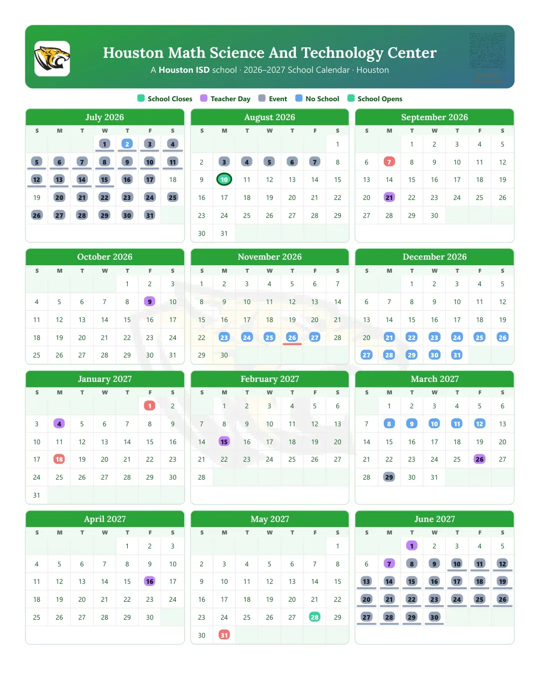 Houston Math Science And Technology Center Calendar for the Year 26-27