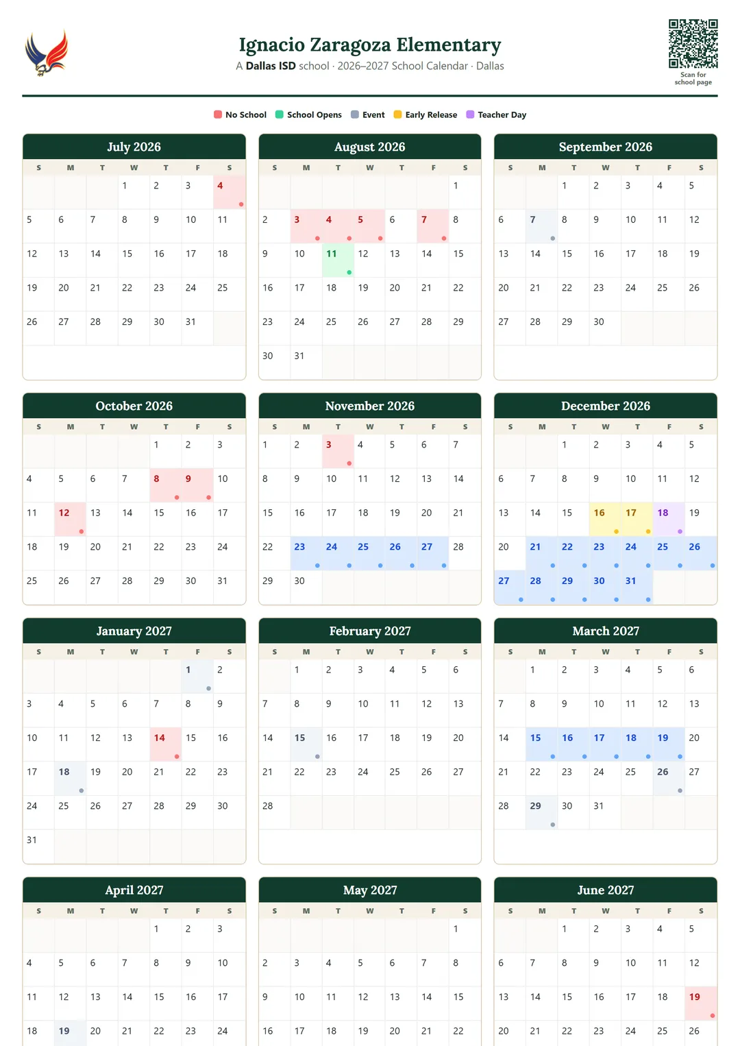 Ignacio Zaragoza Elementary printable 2026–2027 calendar