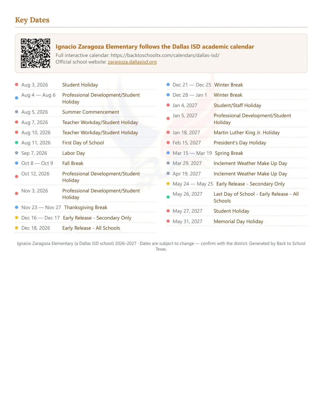 Ignacio Zaragoza Elementary Calendar for the Year 26-27 — key dates