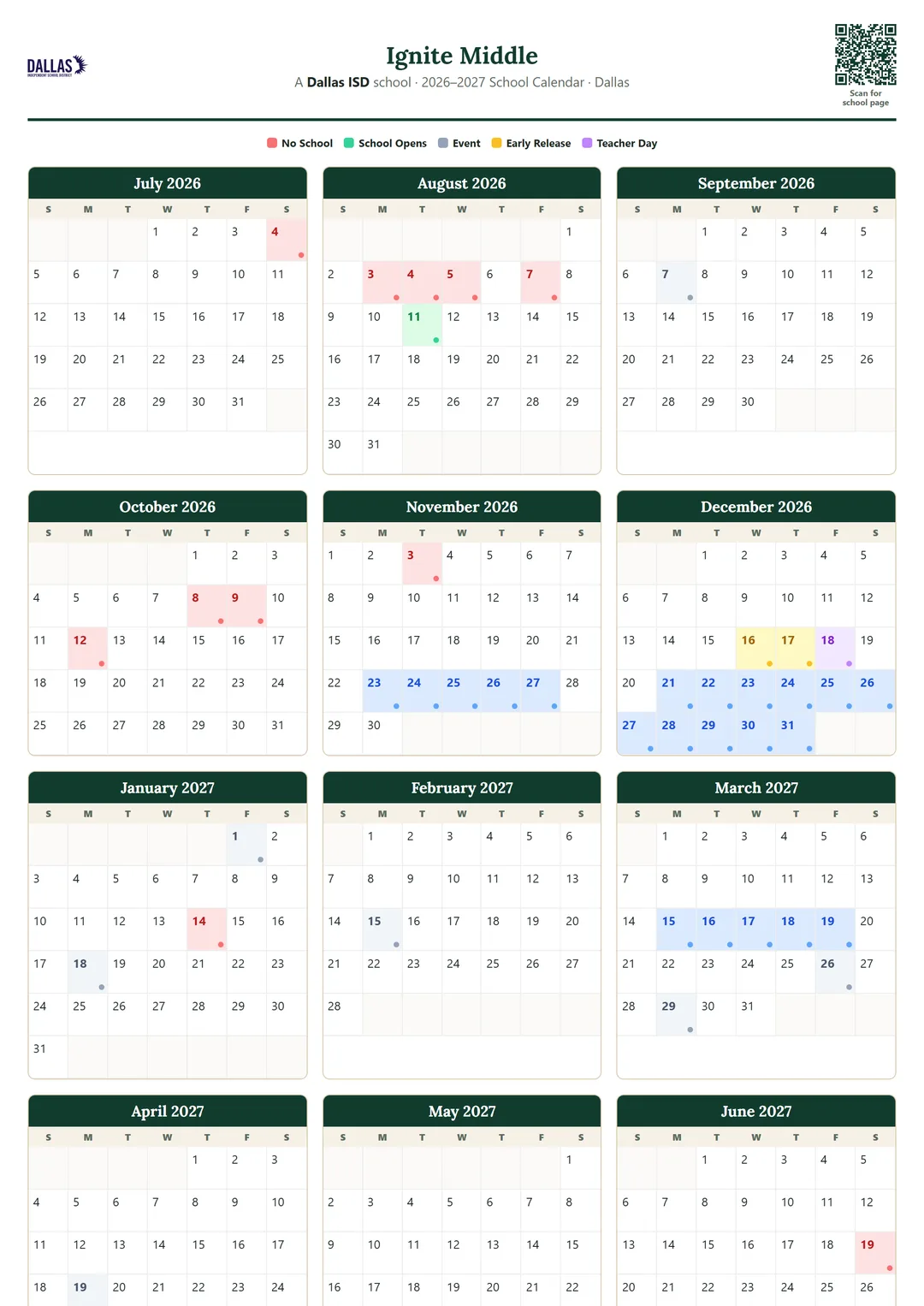 Ignite Middle printable 2026–2027 calendar