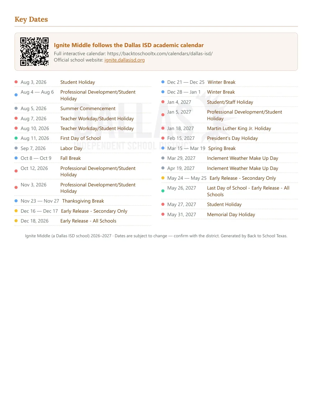 Ignite Middle Calendar for the Year 26-27 — key dates