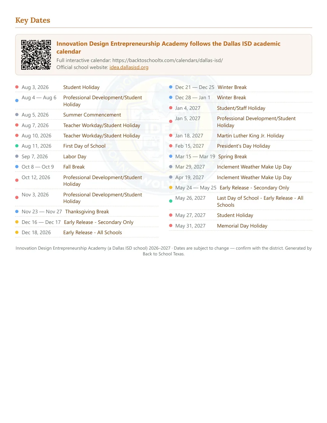Innovation Design Entrepreneurship Academy Calendar for the Year 26-27 — key dates