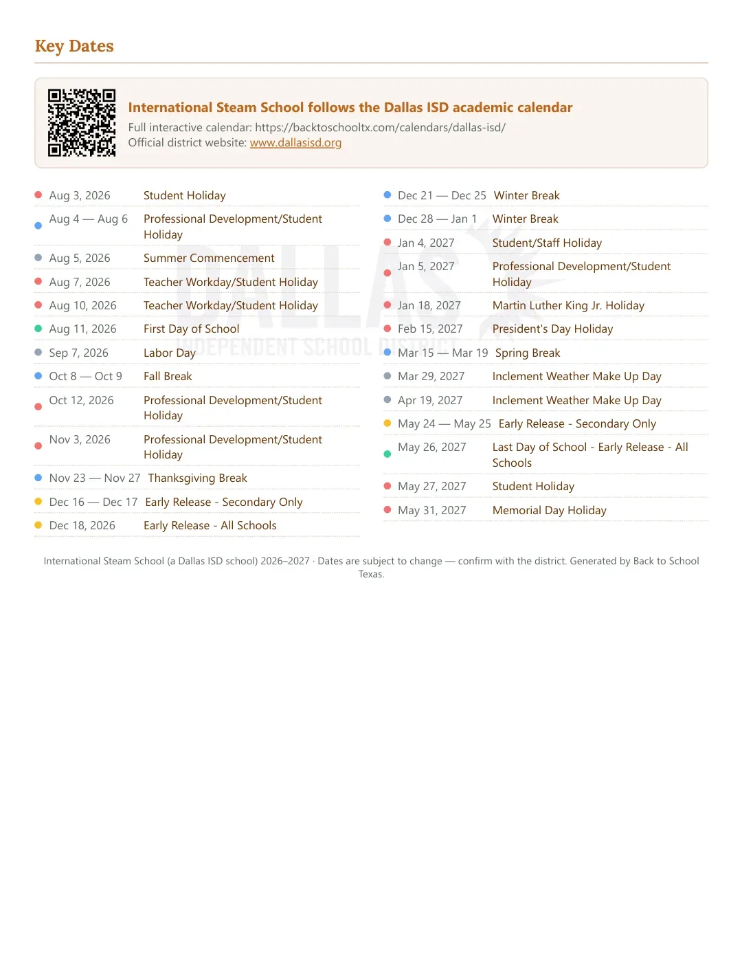 International Steam School Calendar for the Year 26-27 — key dates