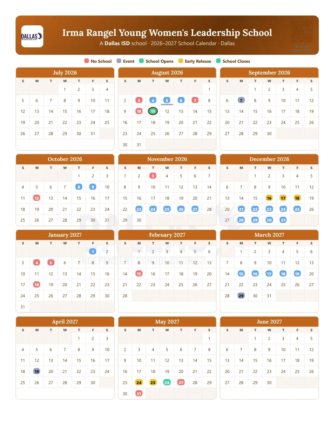 Irma Rangel Young Women's Leadership School Calendar for the Year 26-27