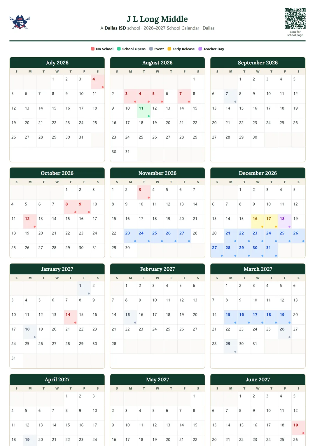 J L Long Middle printable 2026–2027 calendar