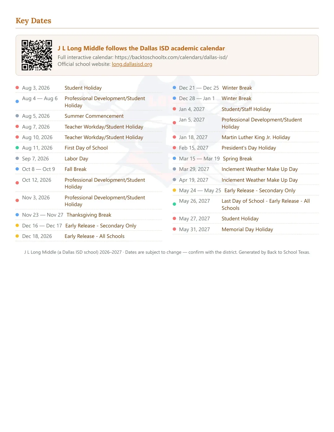 J L Long Middle Calendar for the Year 26-27 — key dates