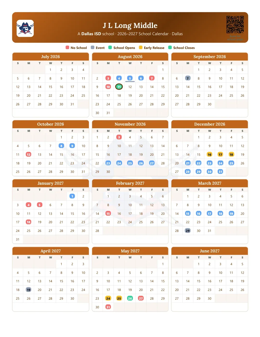 J L Long Middle Calendar for the Year 26-27