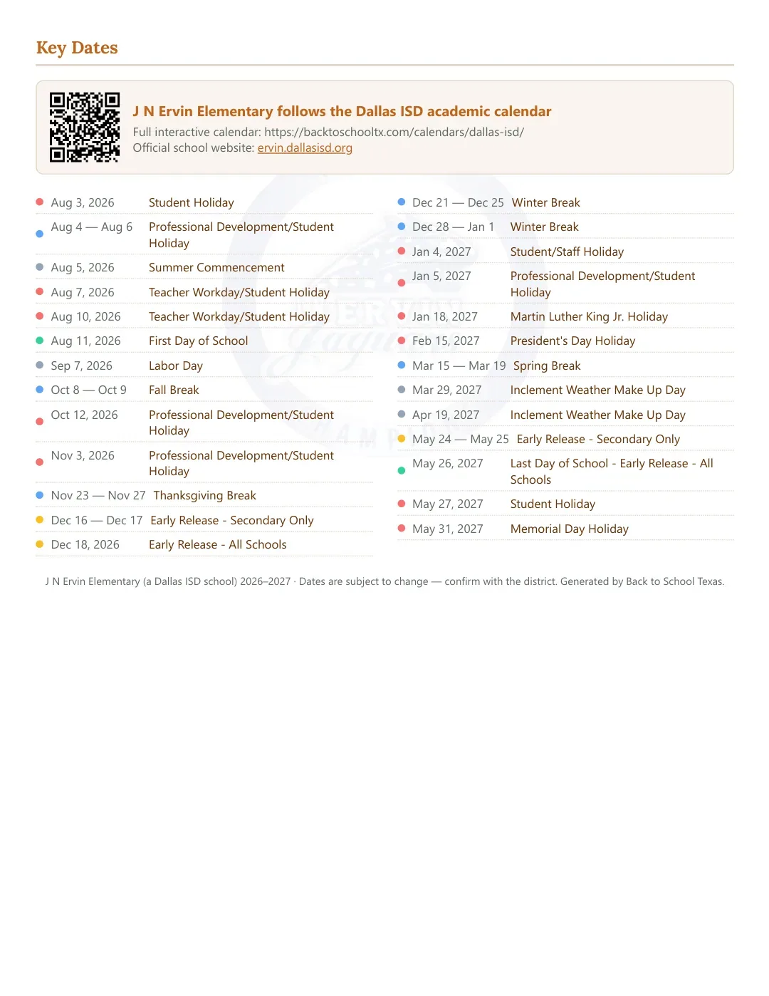 J N Ervin Elementary Calendar for the Year 26-27 — key dates