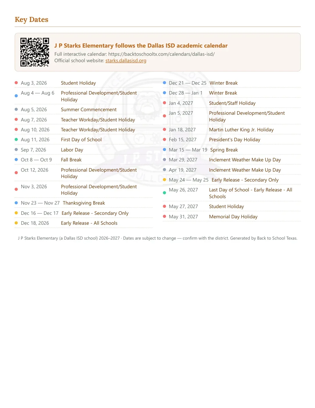 J P Starks Elementary Calendar for the Year 26-27 — key dates