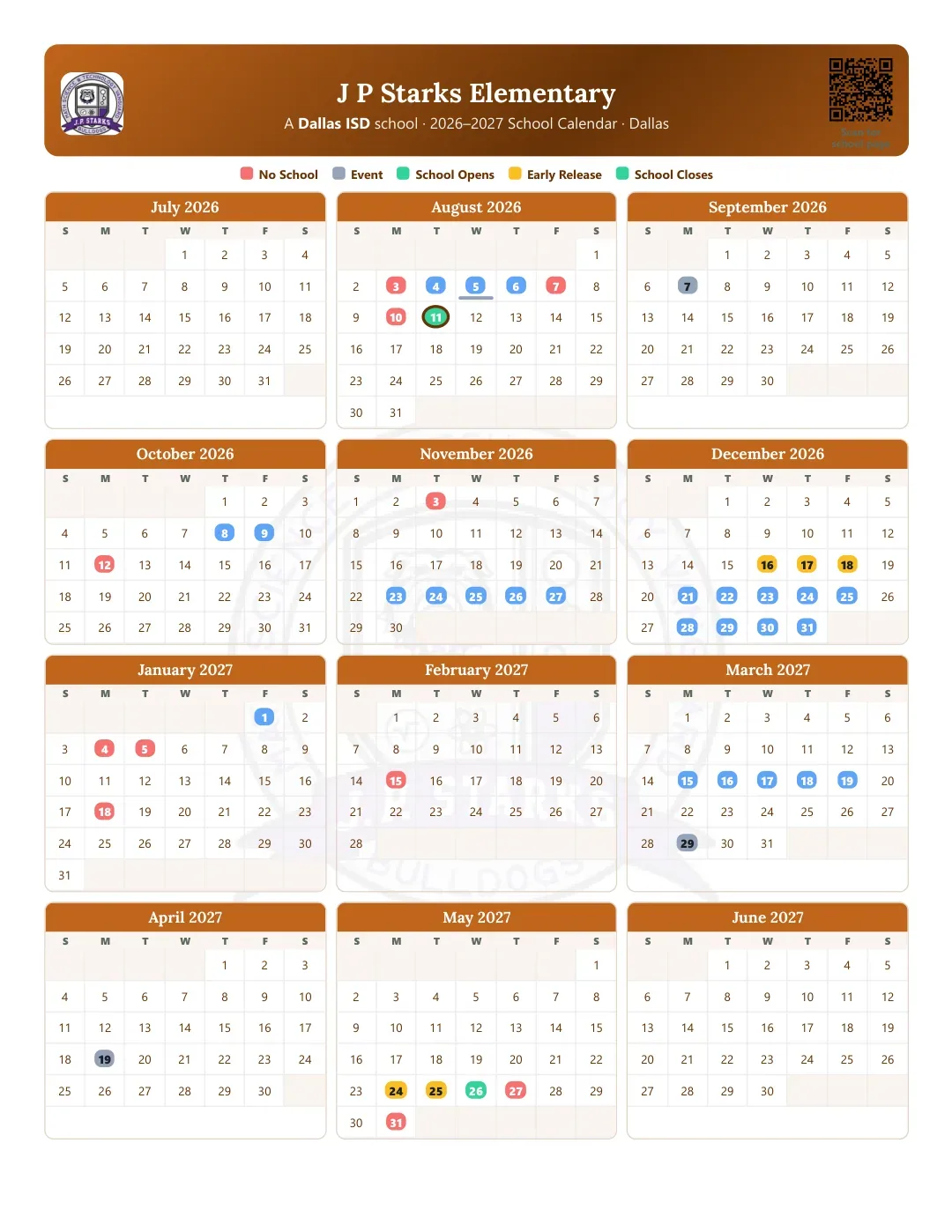 J P Starks Elementary Calendar for the Year 26-27
