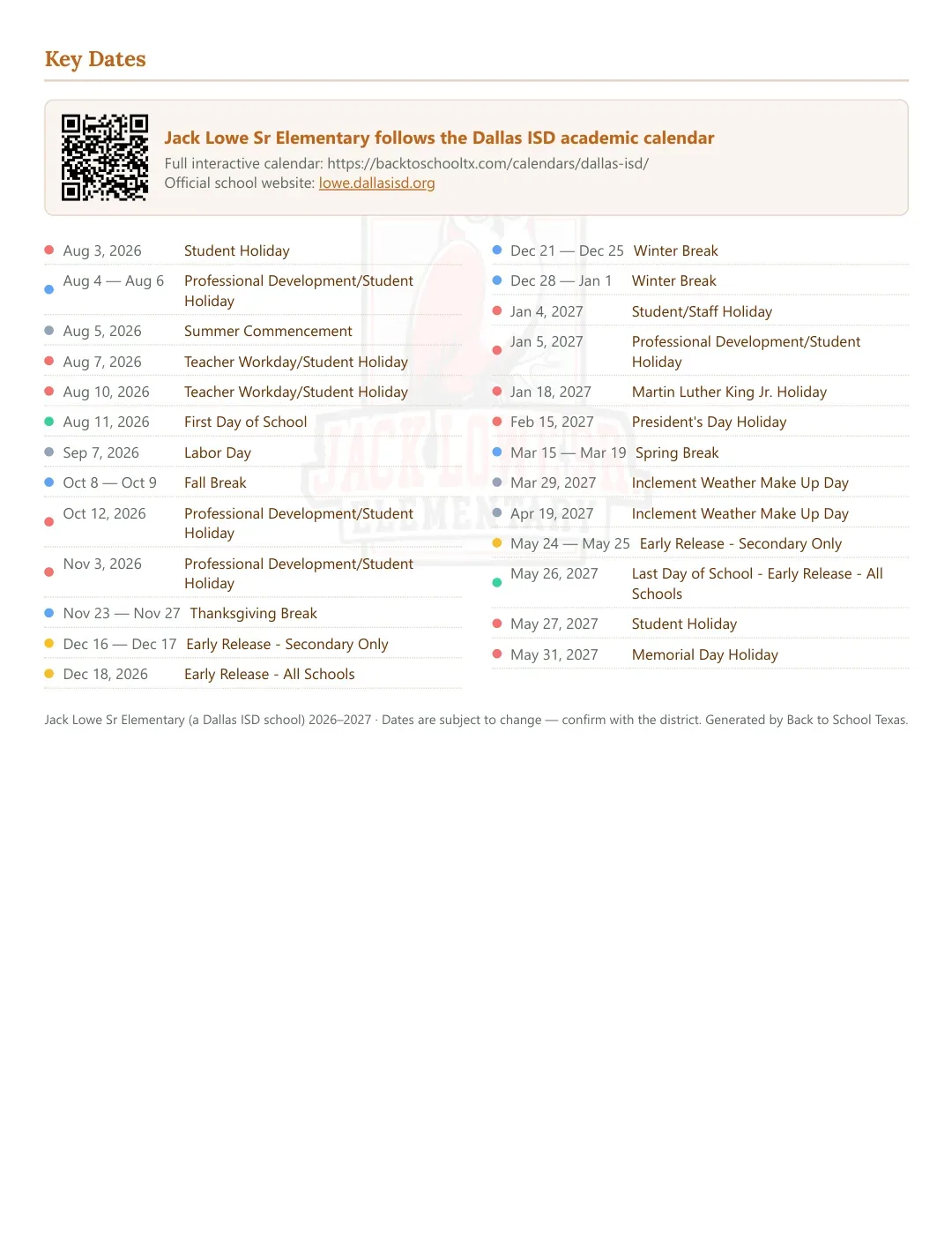 Jack Lowe Sr Elementary Calendar for the Year 26-27 — key dates