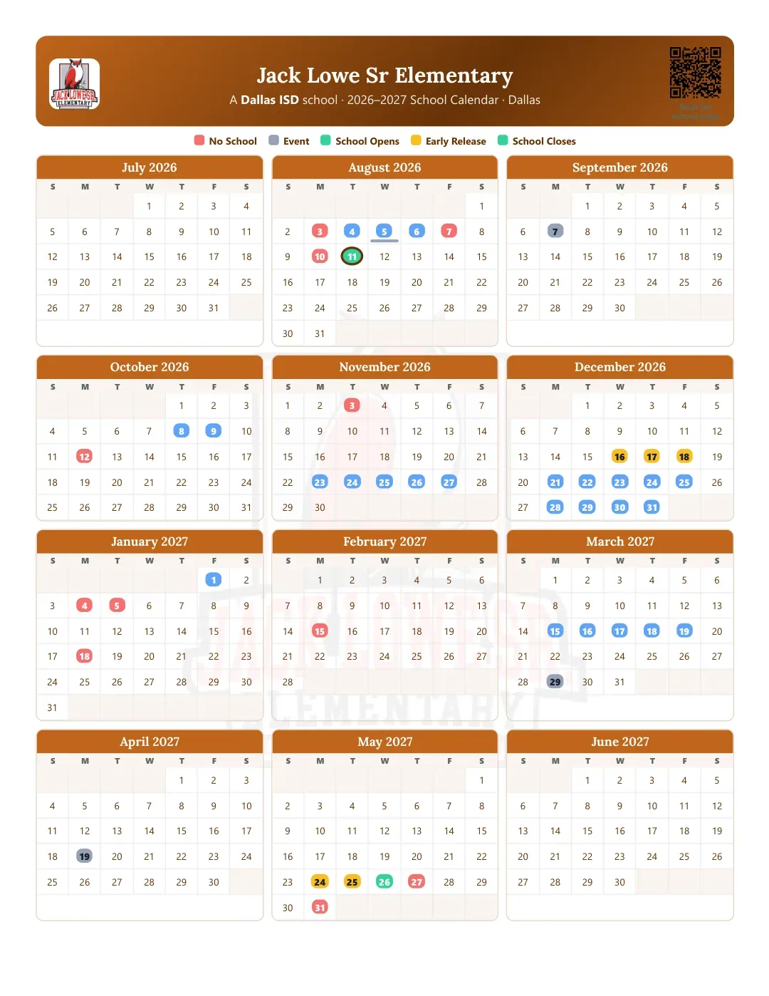 Jack Lowe Sr Elementary Calendar for the Year 26-27