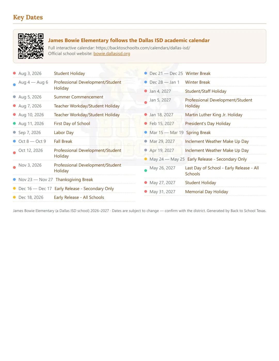 James Bowie Elementary Calendar for the Year 26-27 — key dates