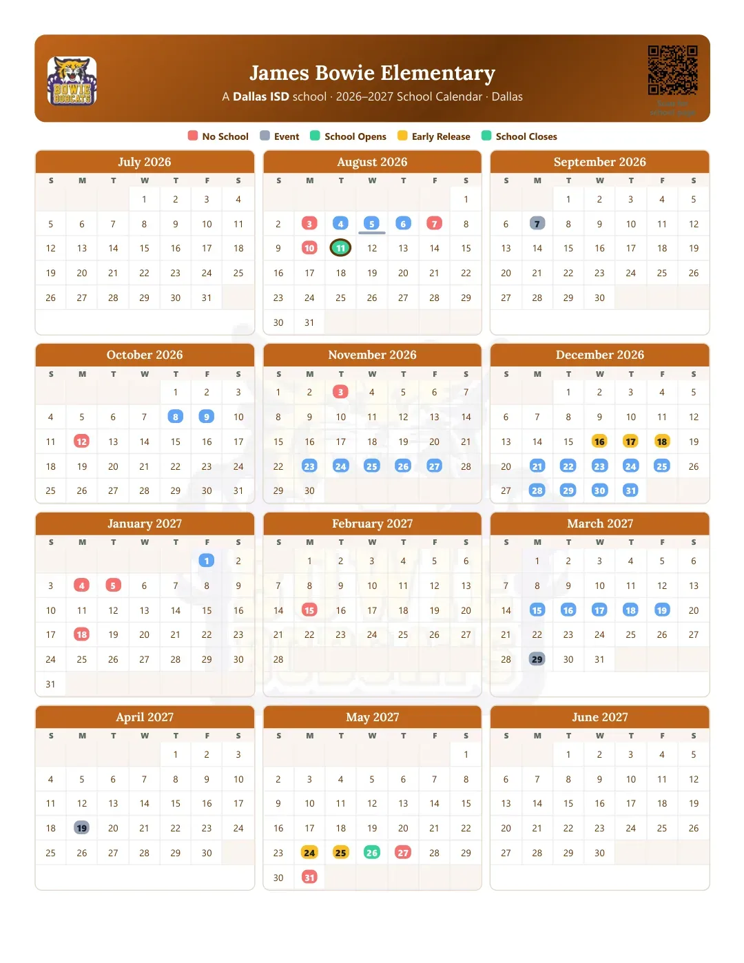 James Bowie Elementary Calendar for the Year 26-27