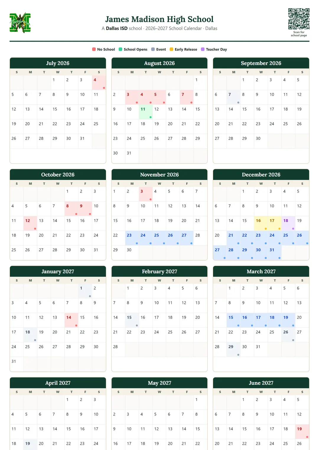 James Madison High School printable 2026–2027 calendar