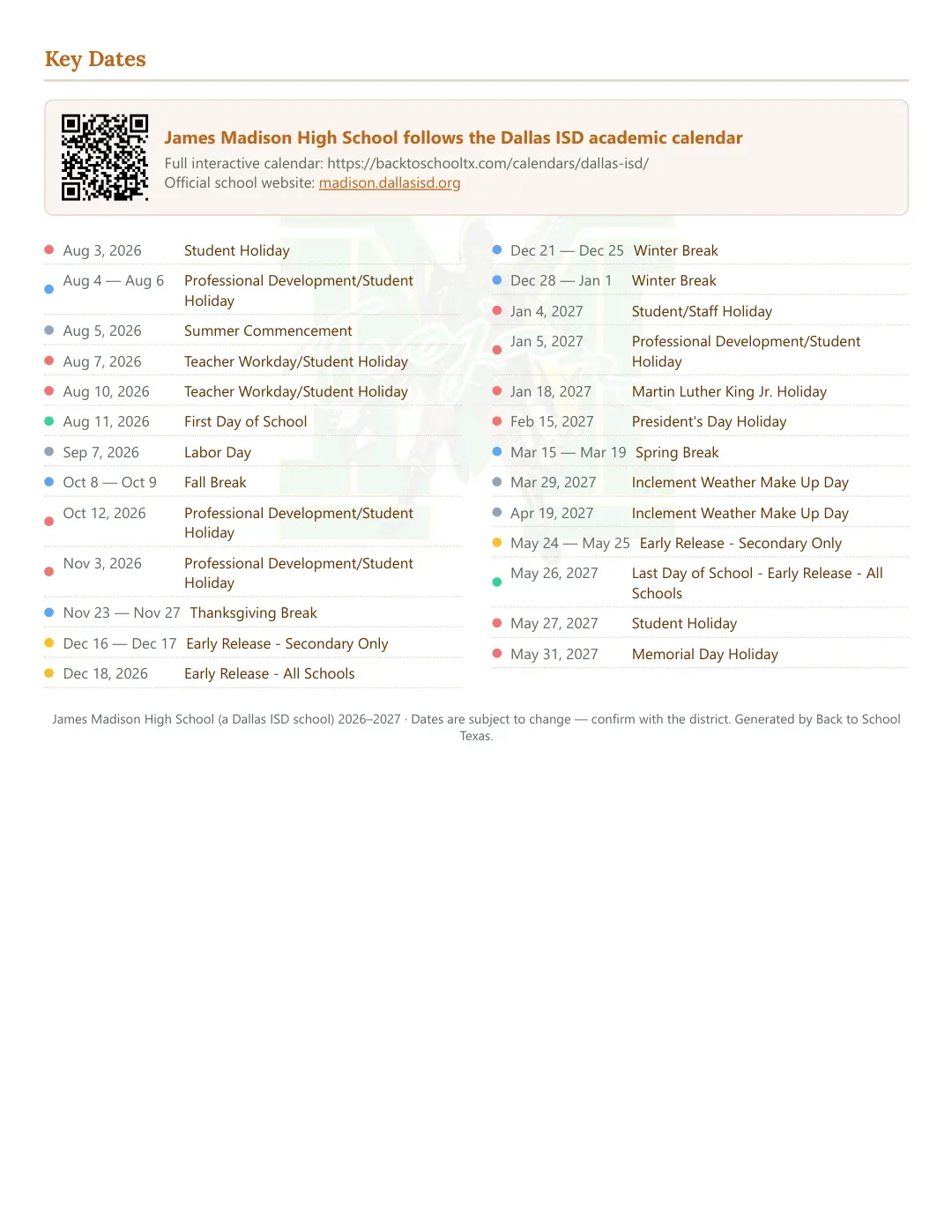 James Madison High School Calendar for the Year 26-27 — key dates
