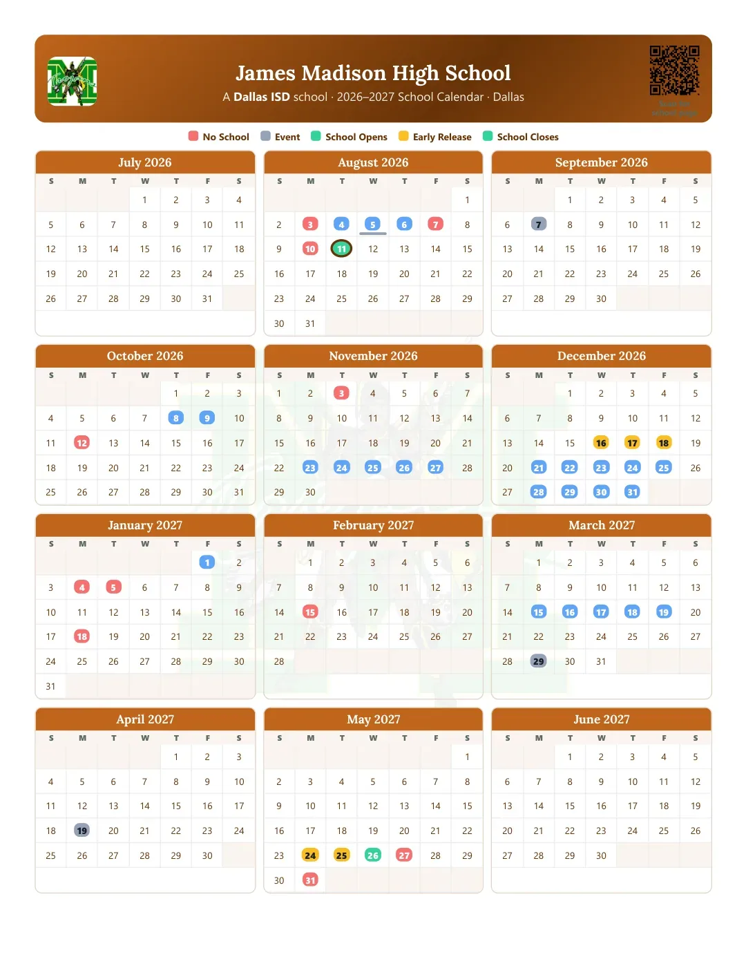 James Madison High School Calendar for the Year 26-27