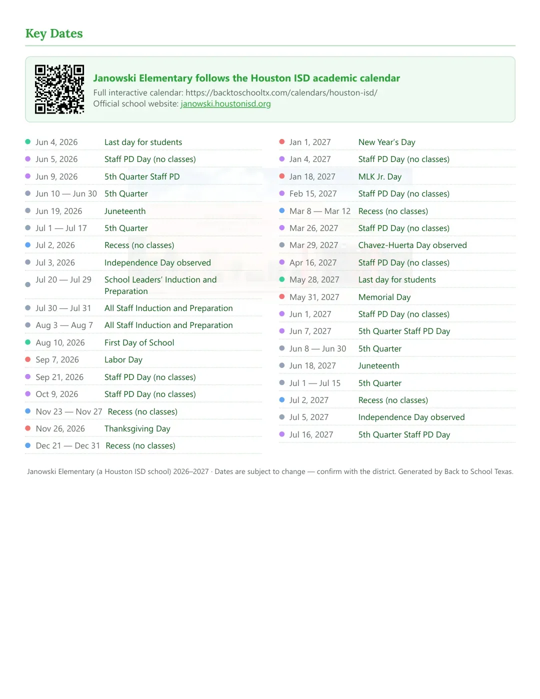 Janowski Elementary Calendar for the Year 26-27 — key dates