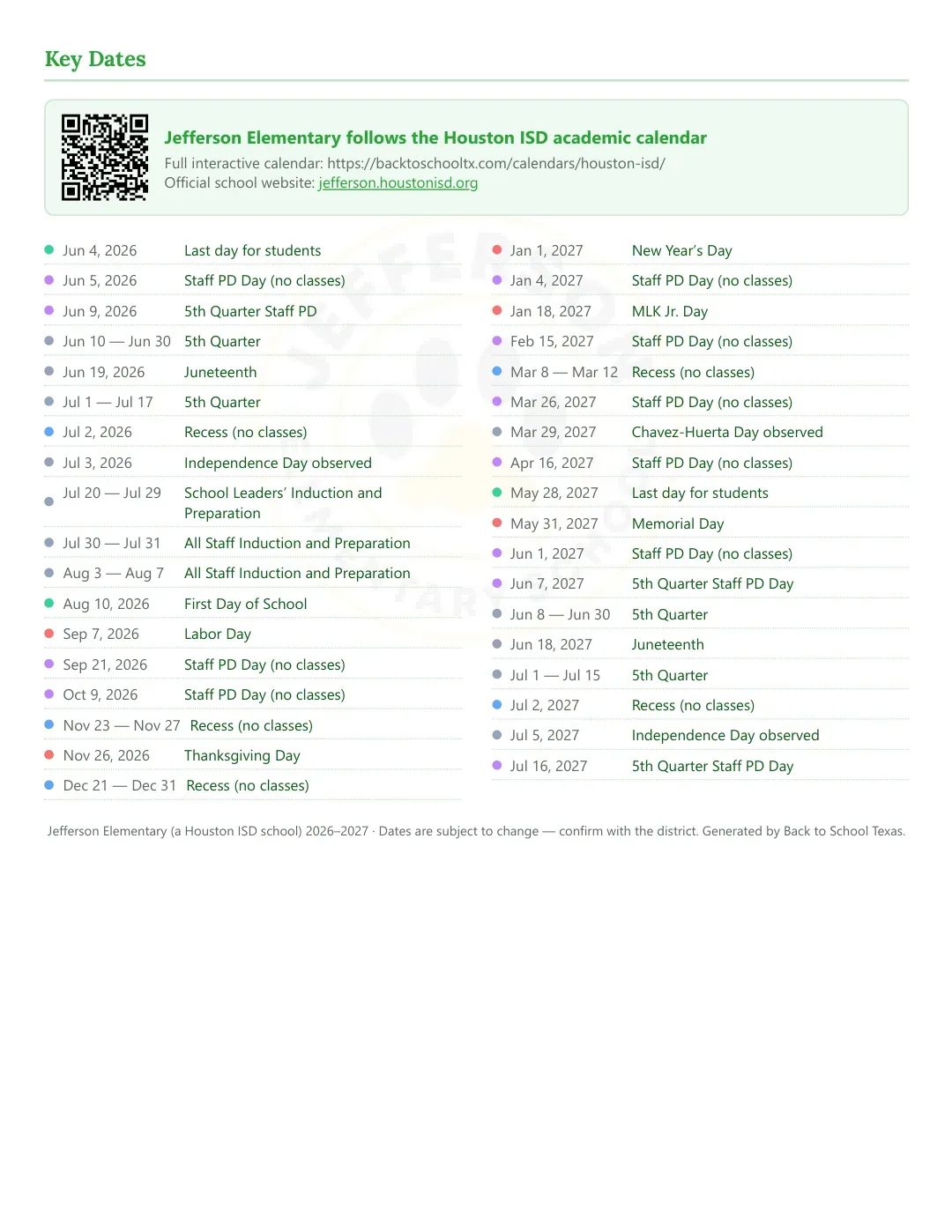 Jefferson Elementary Calendar for the Year 26-27 — key dates
