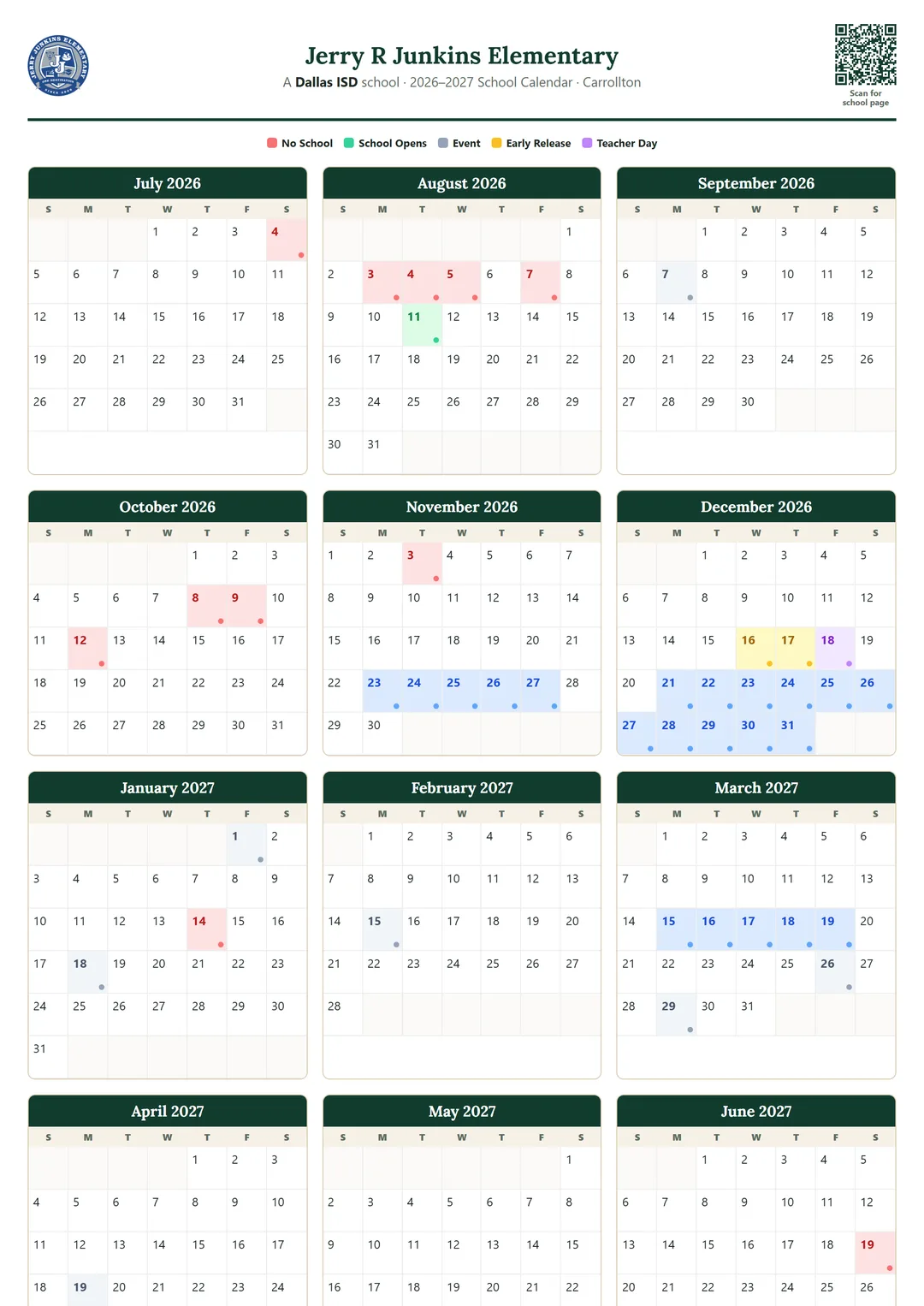 Jerry R Junkins Elementary printable 2026–2027 calendar