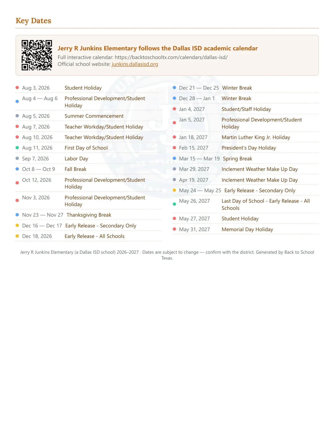 Jerry R Junkins Elementary Calendar for the Year 26-27 — key dates