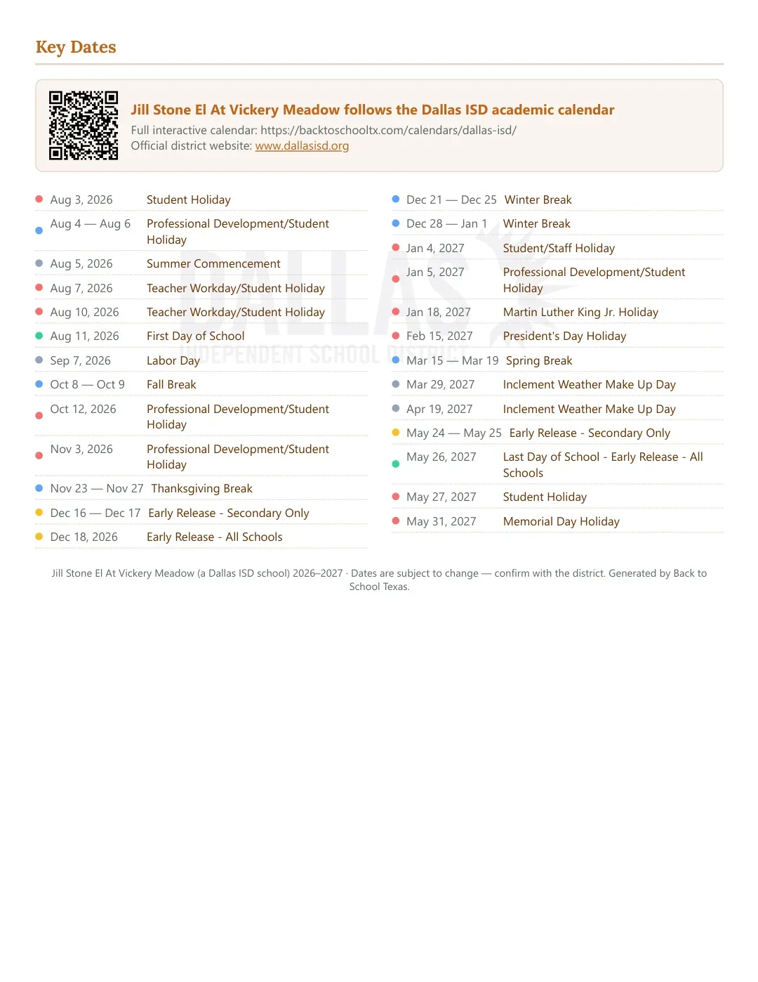 Jill Stone El At Vickery Meadow Calendar for the Year 26-27 — key dates