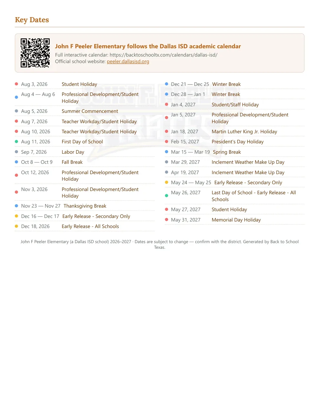 John F Peeler Elementary Calendar for the Year 26-27 — key dates
