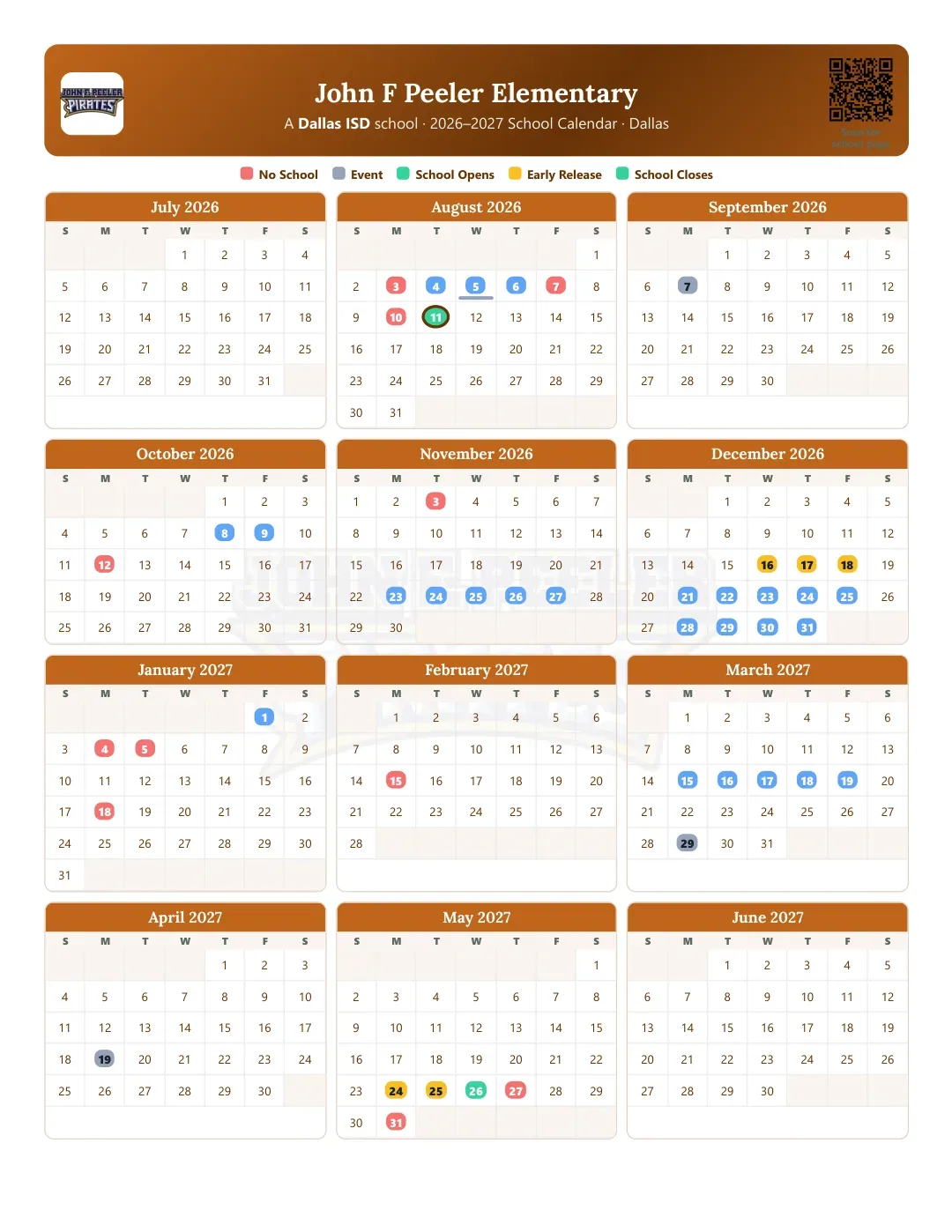 John F Peeler Elementary Calendar for the Year 26-27