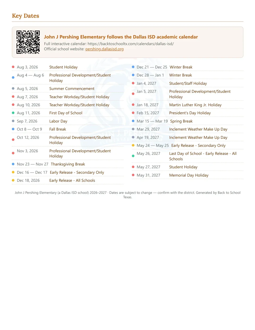 John J Pershing Elementary Calendar for the Year 26-27 — key dates