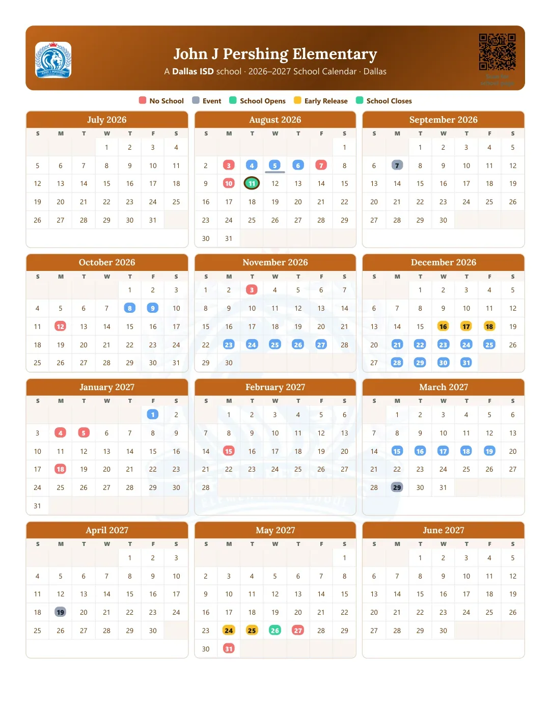 John J Pershing Elementary Calendar for the Year 26-27
