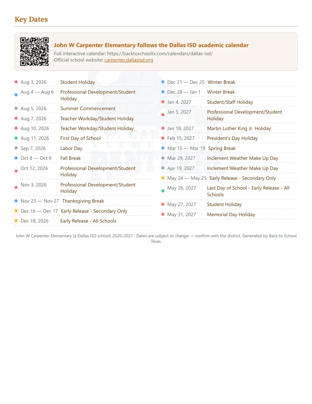 John W Carpenter Elementary Calendar for the Year 26-27 — key dates