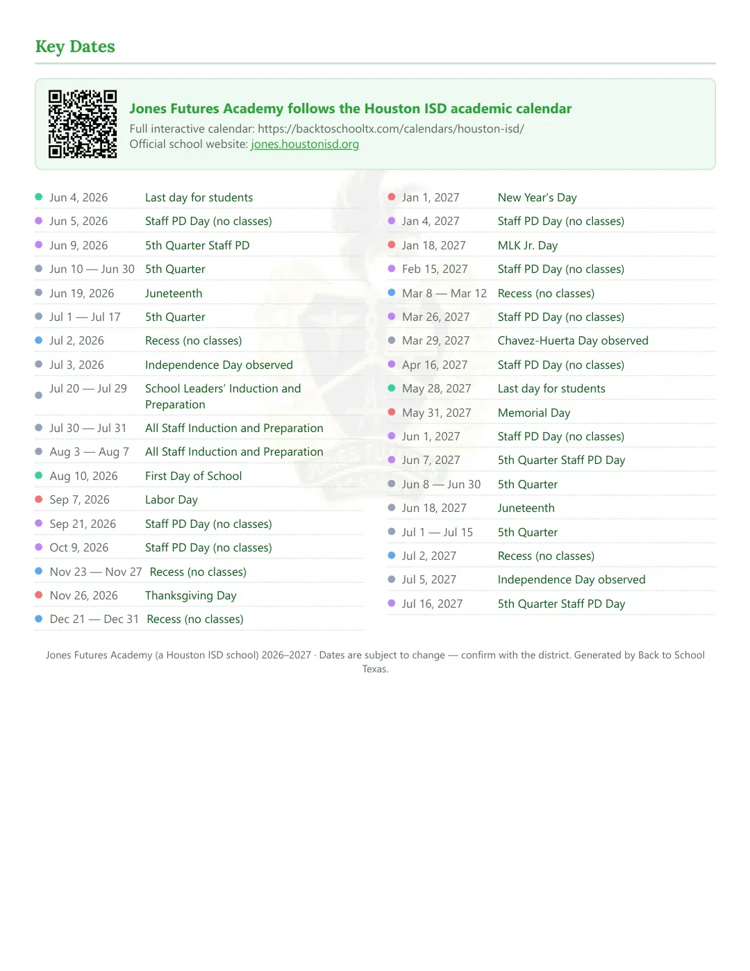 Jones Futures Academy Calendar for the Year 26-27 — key dates