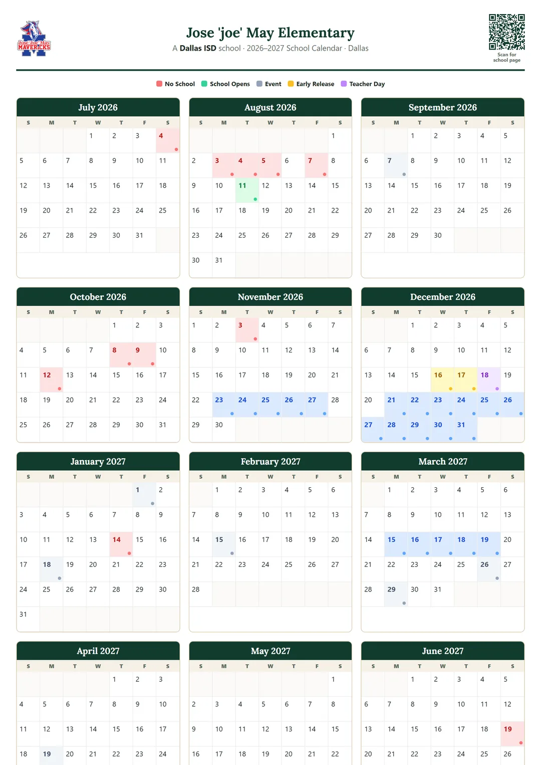 Jose 'joe' May Elementary printable 2026–2027 calendar