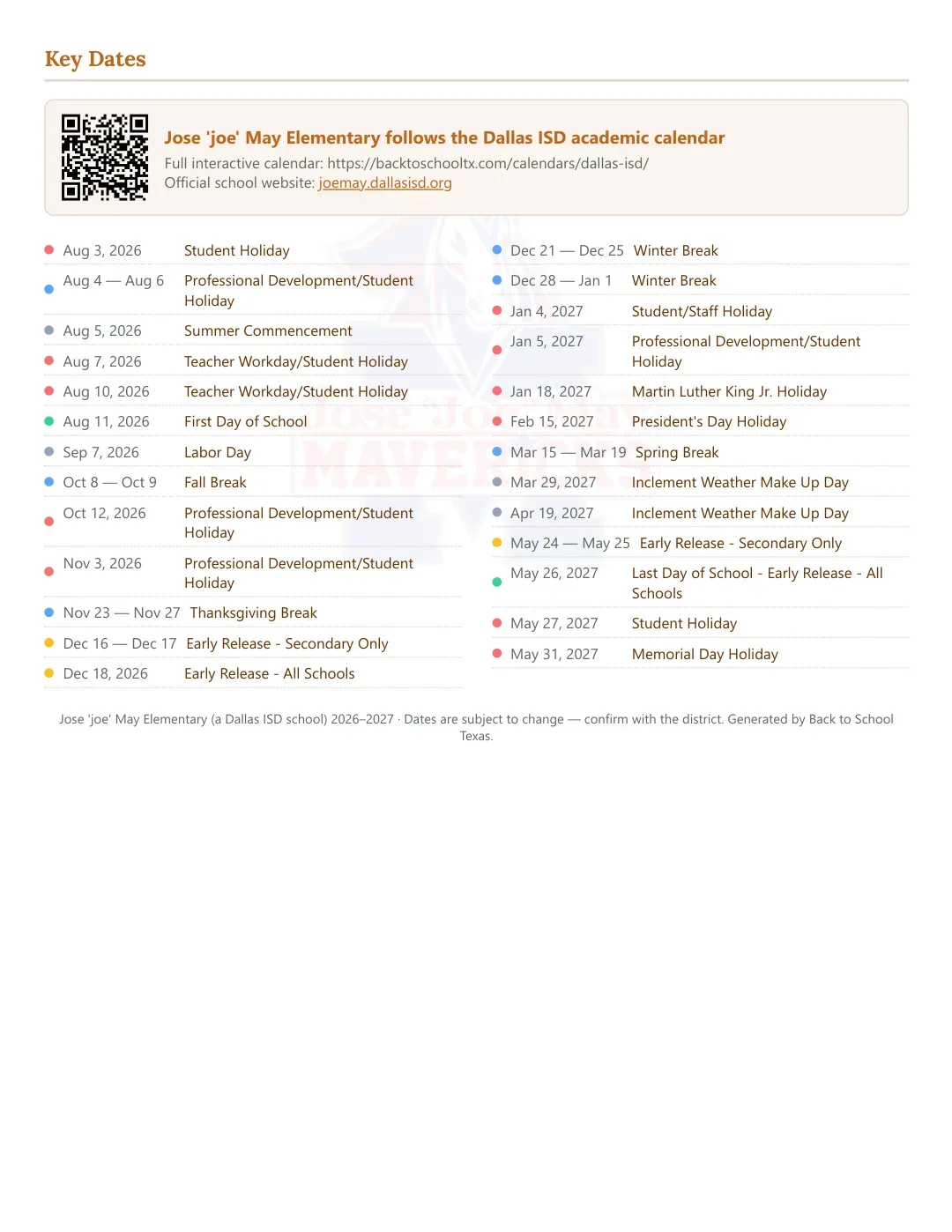 Jose 'joe' May Elementary Calendar for the Year 26-27 — key dates