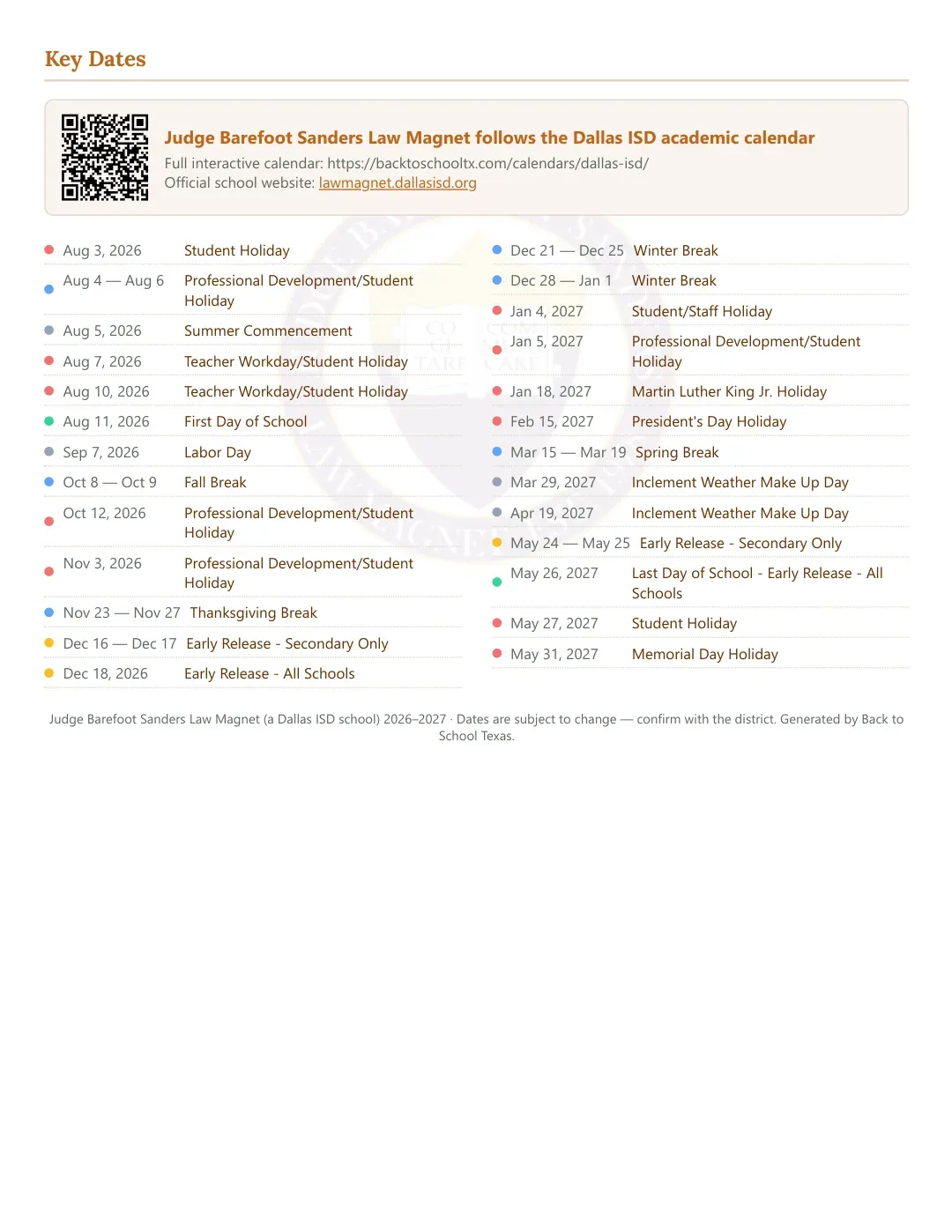 Judge Barefoot Sanders Law Magnet Calendar for the Year 26-27 — key dates