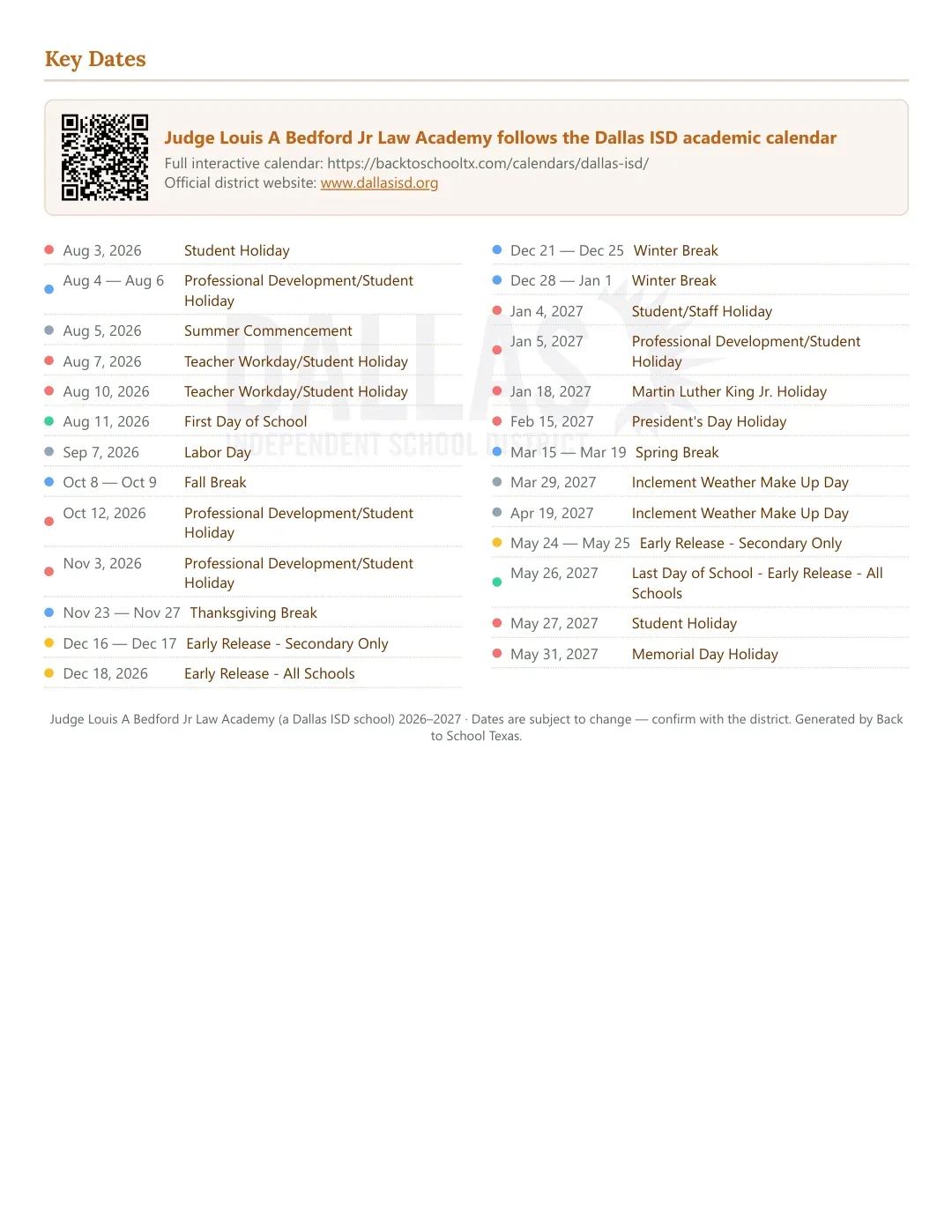 Judge Louis A Bedford Jr Law Academy Calendar for the Year 26-27 — key dates