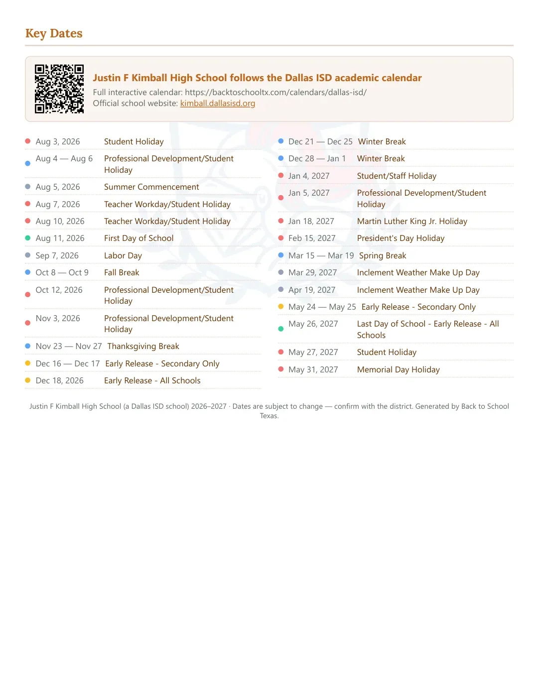 Justin F Kimball High School Calendar for the Year 26-27 — key dates