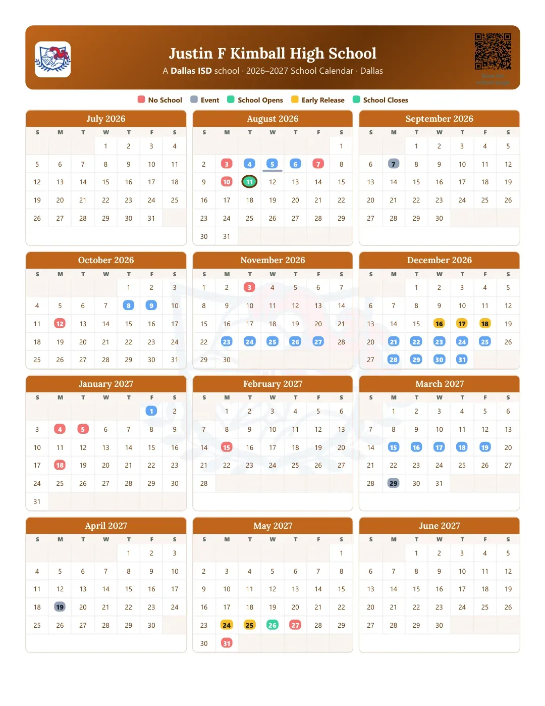 Justin F Kimball High School Calendar for the Year 26-27