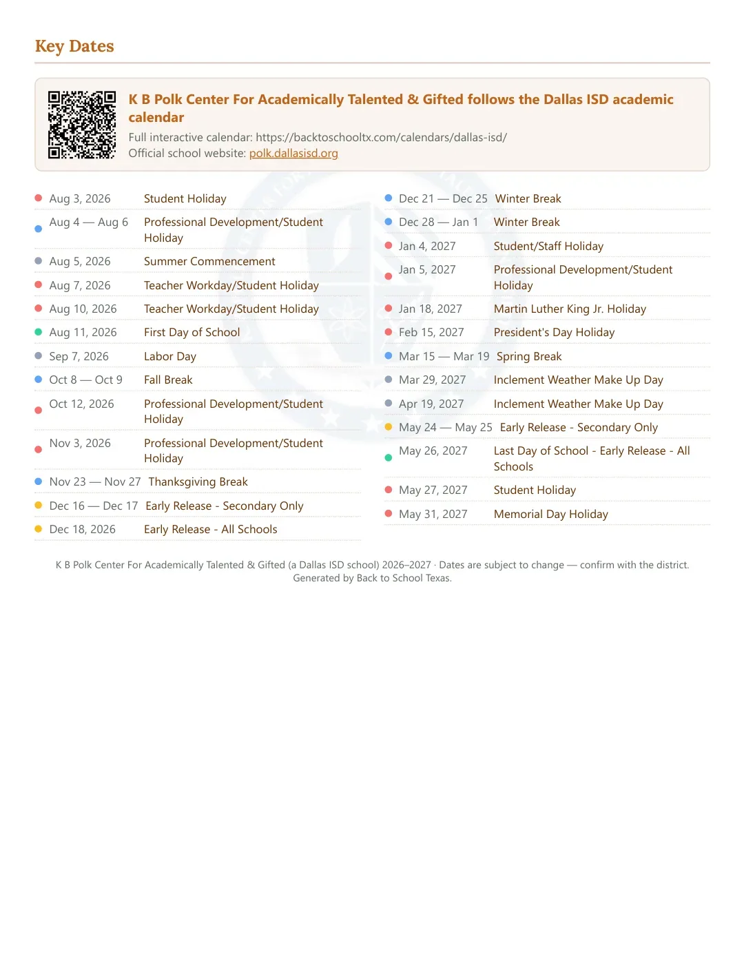 K B Polk Center For Academically Talented & Gifted Calendar for the Year 26-27 — key dates